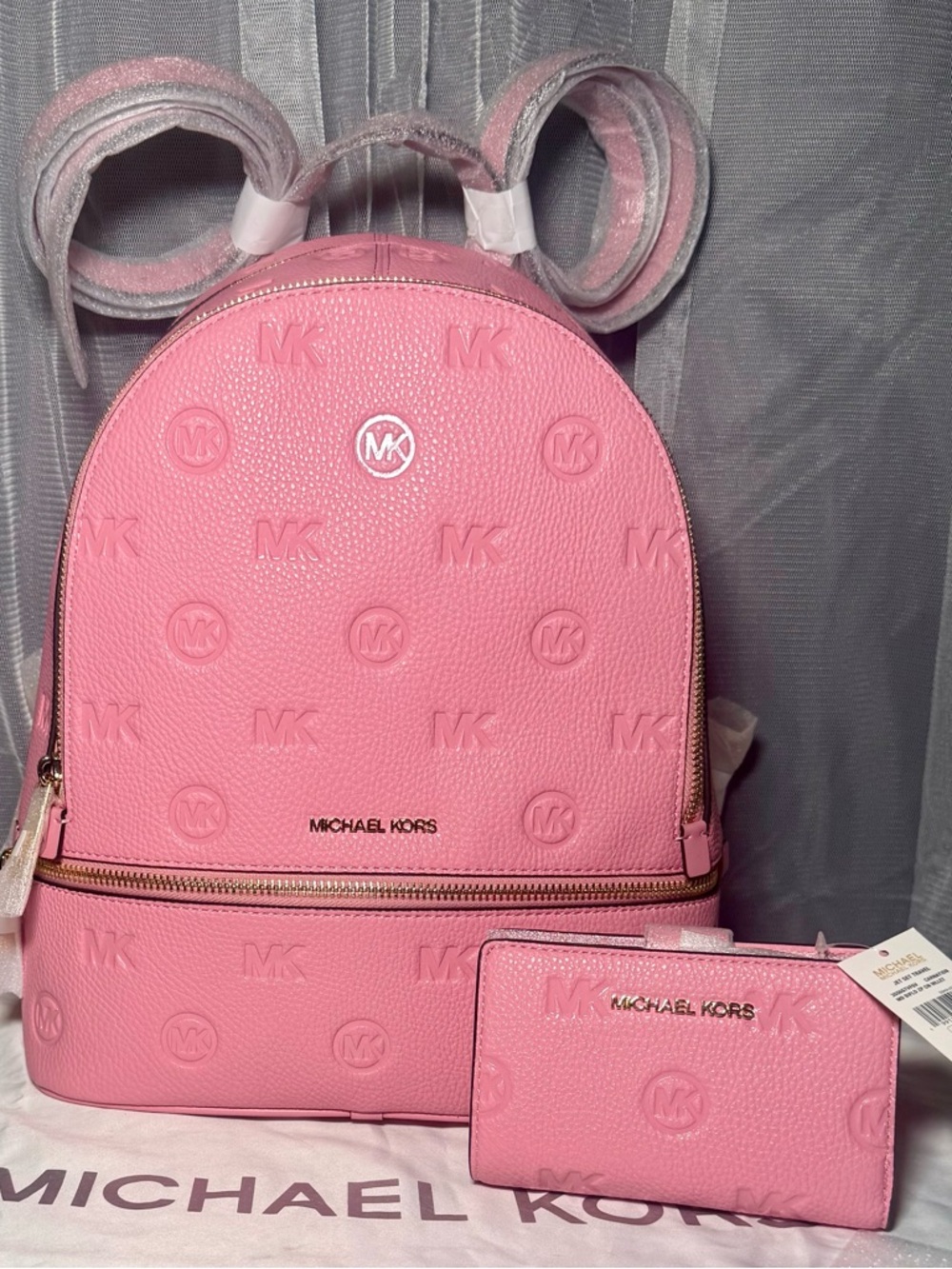 Michael Kors Rhea Pink Embossed MK Dome Backpack with Matching Wristlet